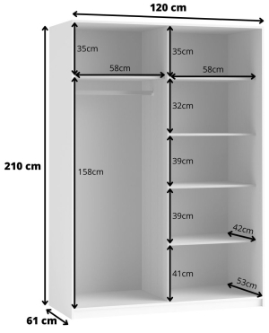 Гардероб Бета с 2 плъзгащи врати и огледало бял мат с дължина 120, 150, 180, 200 и 221 см