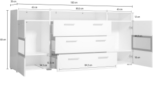 Скрин Сара с 2 врати, 3 чекмеджета и 3 ниши бял гланц и черни рамки