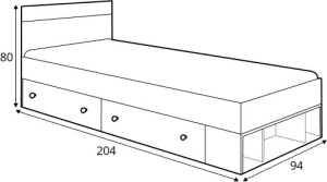 Единично легло Пиксел с 2 чекмеджета и 3 ниши за матрак с размер 90/200 см дъб бискит, бял мат и сив