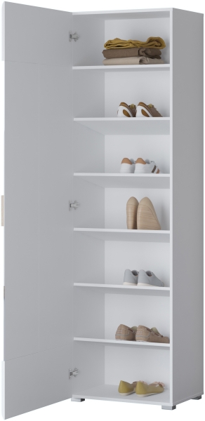 Висок шкаф за обувки Толедо с 1 врата лява/дясна и огледало бял гланц и светъл дъб сан ремо