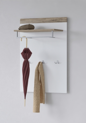 Стенен панел закачалка Толедо с лост за дрехи, рафт и 3 единични закачалки бял мат и светъл дъб сан ремо