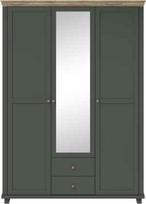 Гардероб Евора с 3 врати и 2 чекмеджета с огледало тъмно зелен и дъб лефкас с дължина 154 см