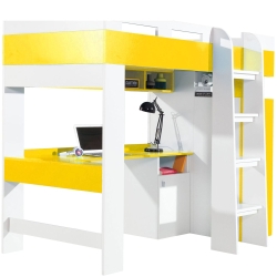 Легло Моби с бюро, етажерка и гардероб за матрак с размер 90/200 см бял мат и жълт