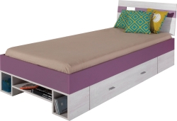 Единично легло Некст с 1 чекмедже и ниши за матрак с размер 90/200 см избелен бор и лилав
