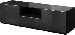 ТВ шкаф Хелио с 2 клапващи врати, 1 чекмедже и ниша с дължина 180 см черен мат и черно стъкло