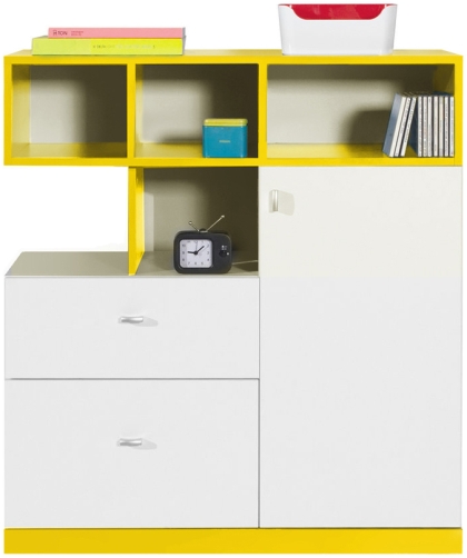 Скрин Моби с 1 врата, 2 чекмеджета и 4 ниши бял мат и жълт