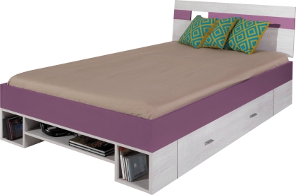 Единично легло Некст с 1 чекмедже и ниши за матрак с размер 120/200 см избелен бор и лилав