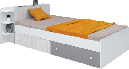 Единично легло Комо с 2 чекмеджета и 3 полици за матрак с размер 90/200 см бял, бял дъб уилтън и сив