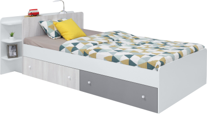 Единично легло Комо с 2 чекмеджета и 3 полици за матрак с размер 120/200 см бял, бял дъб уилтън и сив