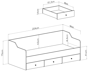 Единично легло Берген с 3 чекмеджета за матрак с размер 90/200 см бял гланц