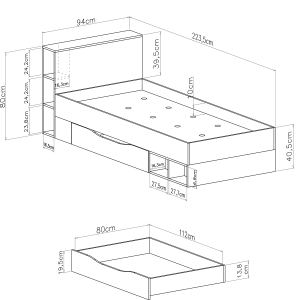 Единично легло Моби с 1 чекмедже и 8 ниши за матрак с размер 90/200 см бял мат и тюркоаз