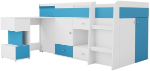 Легло с подвижно бюро Моби с 3 врати, 3 чекмеджета и ниши за матрак с размер 90/200 см бял мат и тюркоаз