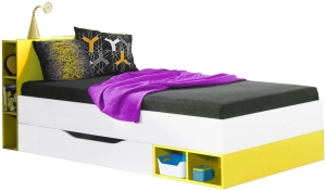 Единично легло Моби с 1 чекмедже и 8 ниши за матрак с размер 90/200 см бял мат и жълт