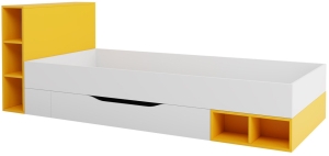 Единично легло Моби с 1 чекмедже и 8 ниши за матрак с размер 90/200 см бял мат и жълт