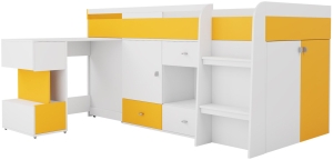 Легло с подвижно бюро Моби с 3 врати, 3 чекмеджета и ниши за матрак с размер 90/200 см бял мат и жълт