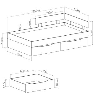 Единично легло Сигма с 2 чекмеджета за матрак с размер 120/200 см бял мат и бетон