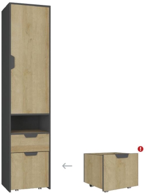 Регал Нано с 1 врата, 1 чекмедже и ниша с подвижен контейнер графит и дъб ривиера