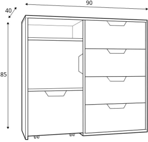 Скрин Нано с 1 врата, 4 чекмеджета и ниша с подвижен контейнер графит и дъб ривиера
