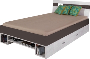 Единично легло Некст с 1 чекмедже и ниши за матрак с размер 120/200 см избелен бор и сив
