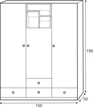 Гардероб Пиксел с 3 врати, 4 чекмеджета и 3 ниши дъб бискит, бял мат и сив