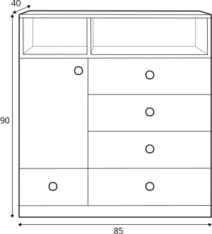 Скрин Пиксел с 1 врата, 5 чекмеджета и 2 ниши дъб бискит, бял мат и сив