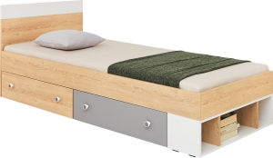 Единично легло Пиксел с 2 чекмеджета и 3 ниши за матрак с размер 90/200 см дъб бискит, бял мат и сив