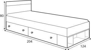 Единично легло Пиксел с 2 чекмеджета и 3 ниши за матрак с размер 120/200 см дъб бискит, бял мат и сив