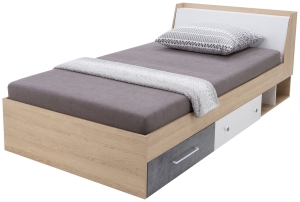 Единично легло Степ с ракла, 2 чекмеджета и 2 ниши за матрак с размери 90/200 см дъб бискит, бял мат и бетон