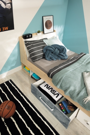 Единично легло Степ с ракла, 2 чекмеджета и 2 ниши за матрак с размери 90/200 см дъб бискит, бял мат и бетон