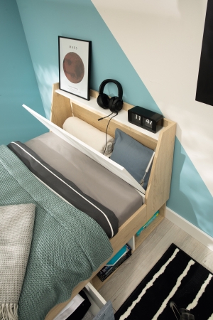 Единично легло Степ с ракла, 2 чекмеджета и 2 ниши  за матрак с размери 120/200 см дъб бискит, бял мат и бетон