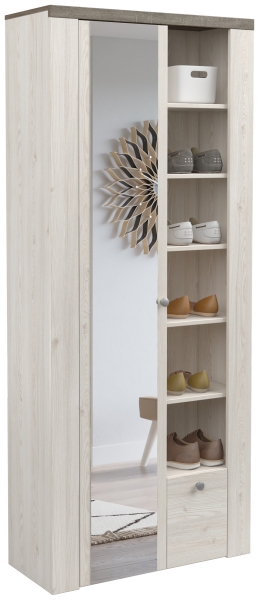 Висок шкаф за обувки Ларона с огледало, 1 врата и 1 чекмедже избелен бор и дъб сонома трюфел