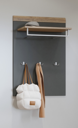 Стенен панел закачалка Толедо с лост за дрехи, рафт и 3 единични закачалки антрацит мат и дъб грандсон