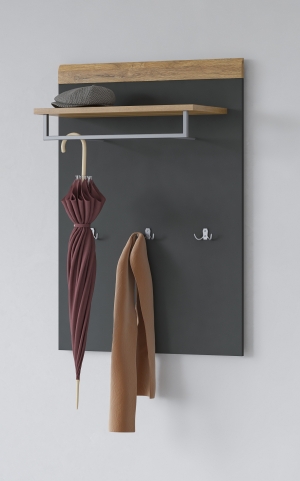 Стенен панел закачалка Толедо с лост за дрехи, рафт и 3 единични закачалки антрацит мат и дъб грандсон