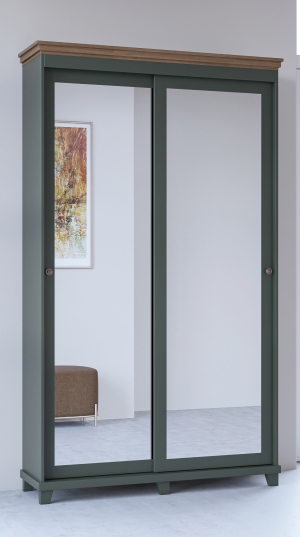 Гардероб Евора с 2 плъзгащи врати и огледало с дължина 120 см тъмно зелен и дъб лефкас
