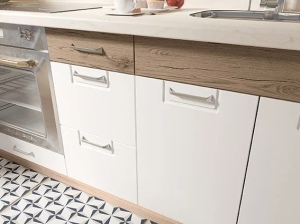 Модулна кухня Еконо бял гланц и тъмен дъб сан ремо с избор на цвят на корпус и обков