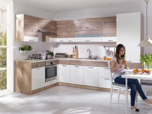 Модулна кухня Еконо бял гланц и тъмен дъб сан ремо с избор на цвят на корпус и обков