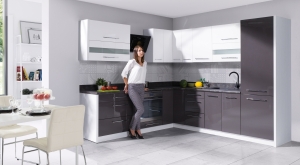 Модулна кухня Креатива сив и бял гланц с избор на цвят на корпус и обков