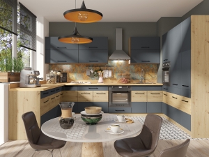 Модулна кухня Инфинити сив мат и дъб артизан с избор на цвят на корпус и обков