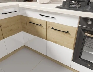 Модулна кухня Инфинити бял гланц и дъб артизан с избор на цвят на корпус и обков