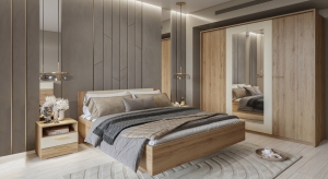 Спален комплект Вертина с избор на размер на легло и гардероб с 4 врати и огледало с дължина 228 см див дъб и пясъчно бежово