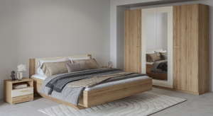 Спален комплект Вертина с избор на размер на легло с повдигащ механизъм и гардероб с 4 врати и огледало с дължина 228 см див дъб и пясъчно бежово