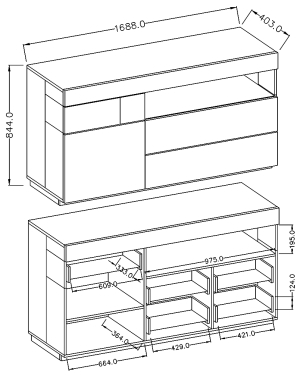 Скрин Силке с 1 врата, 3 чекмеджета и ниша бял гланц и дъб вотан