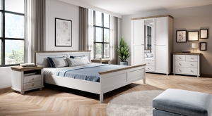 Спален комплект Евора избелен ясен и дъб лефкас с избор на размер на легло и гардероб