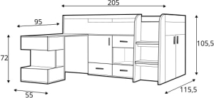 Легло с подвижно бюро Блог с 3 врати и 5 чекмеджета за матрак с размер 90/200 см бял, бряст и капучино